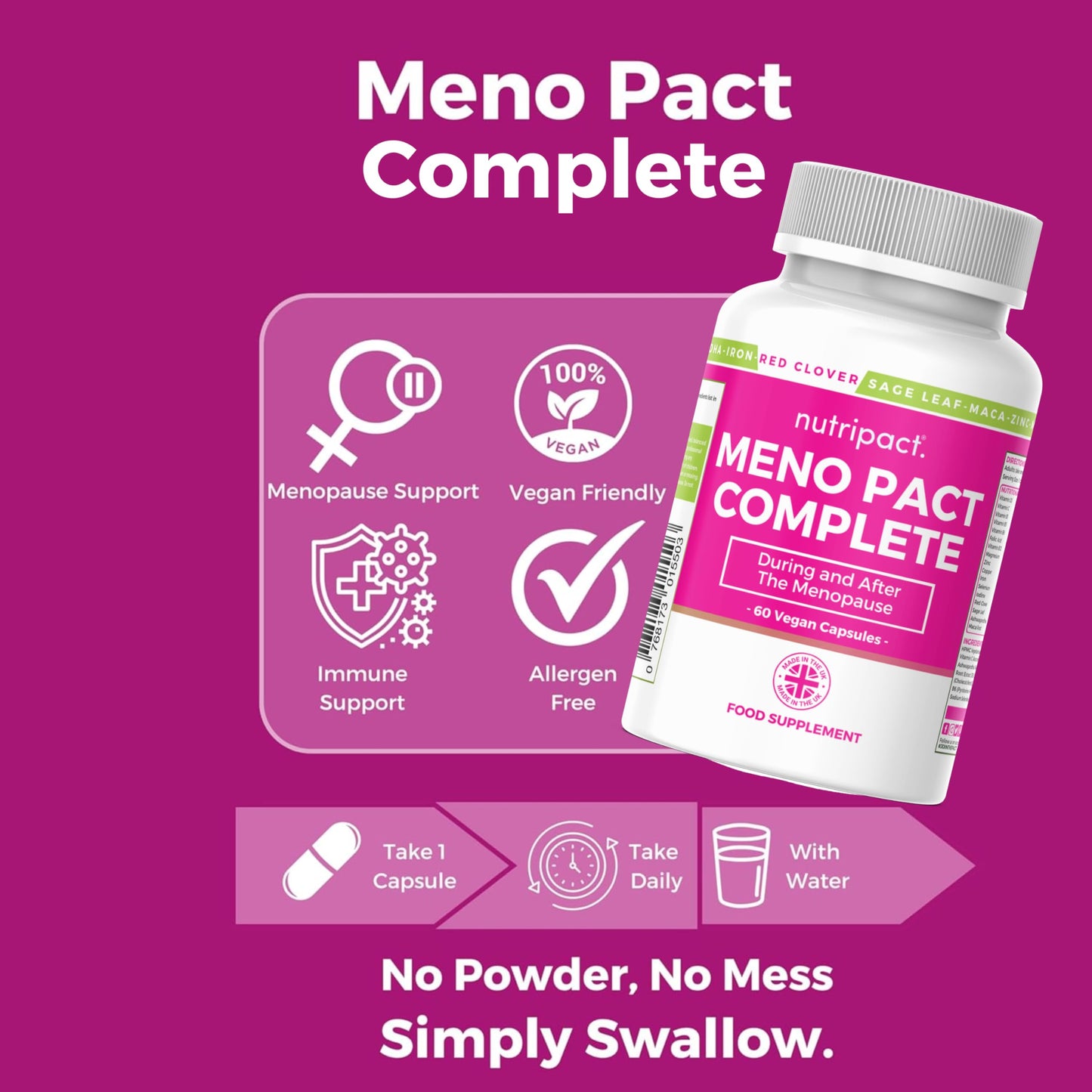 nutripact Red Clover Menopause & Perimenopause Support Supplement 17-in-1 High Strength Complex with Magnesium Ashwagandha, Sage, Maca, Vitamins, Minerals – 60 Vegan Capsules – Meno Pact Complete by Nutripact
