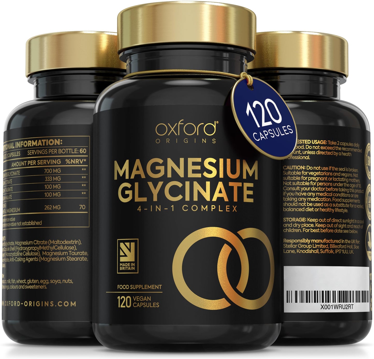 Oxford Organics Magnesium Glycinate 4-in-1 Complex | 1233mg of Magnesium Bisglycinate, Citrate, Malate & Taurate | Magnesium Supplements for sleep and restless legs relief | High Strength Magnesium tablets Made in UK