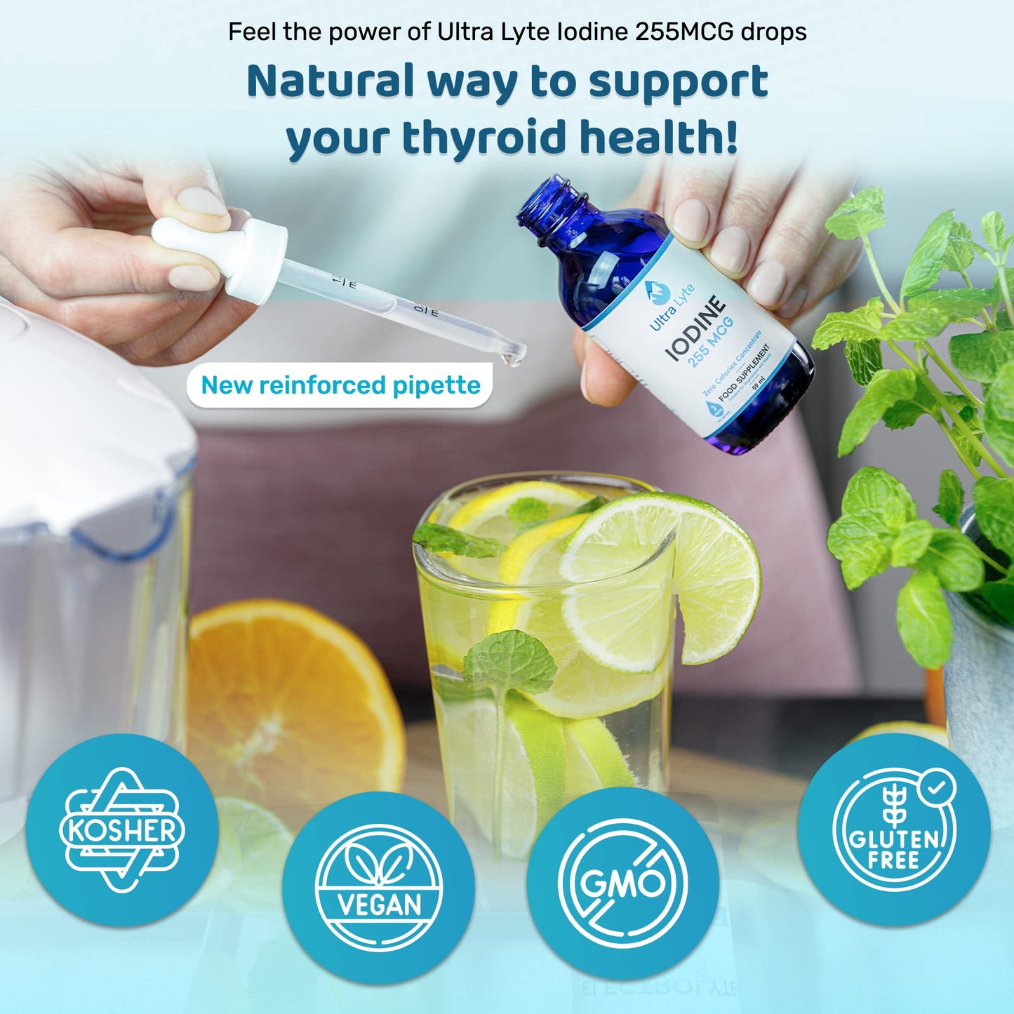 Ultra Lyte Iodine 255MCG – 59ml Iodine Supplement from Potassium Iodide – Optimal Thyroid Function, Hormone Production – Dietary Supplement for Cognitive Function, Normal Energy Levels