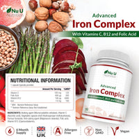 Gentle Iron Supplement for Women & Men - 180 High Strength Vegan Capsules - with Vitamin C, B12 & Folic Acid - 6 Month Supply - from Ferrous Fumarate - Made in The UK - Nu U Nutrition