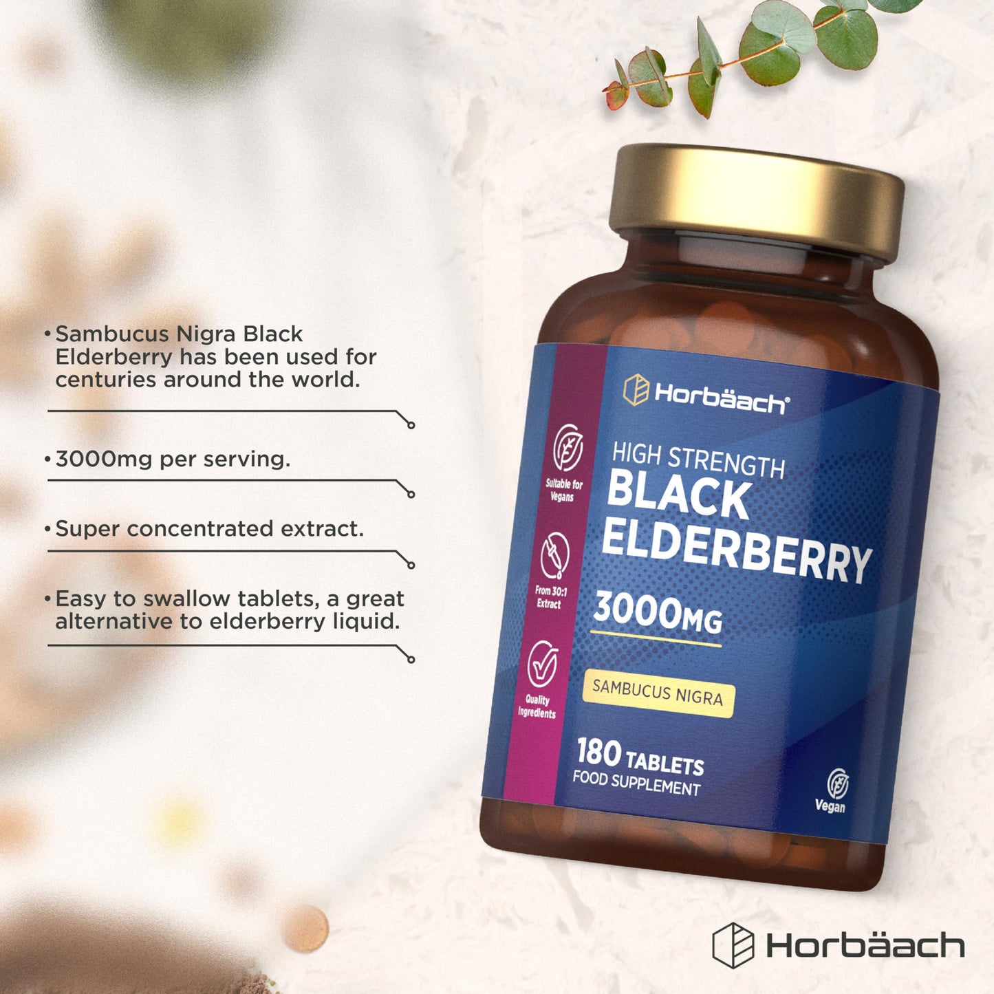 Horbäach Elderberry Supplement 3000mg | Black Sambucus Nigra Tablets | High Strength Extract | 180 Vegan Tablets | by Horbaach