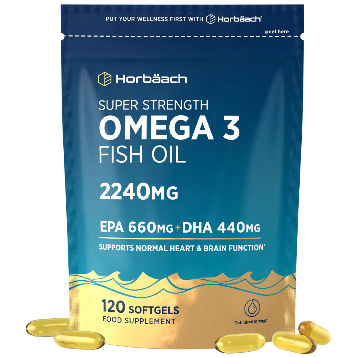 Horbäach Omega 3 Capsules High Strength 2240mg with 660mg of EPA and 440mg of DHA | 120 Softgels | Natural Source of Omega 3 Fish Oil | By Horbaach
