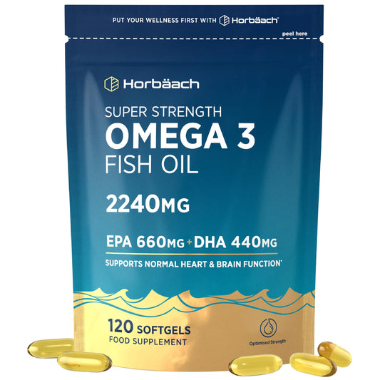 Horbäach Omega 3 Capsules High Strength 2240mg with 660mg of EPA and 440mg of DHA | 120 Softgels | Natural Source of Omega 3 Fish Oil | By Horbaach