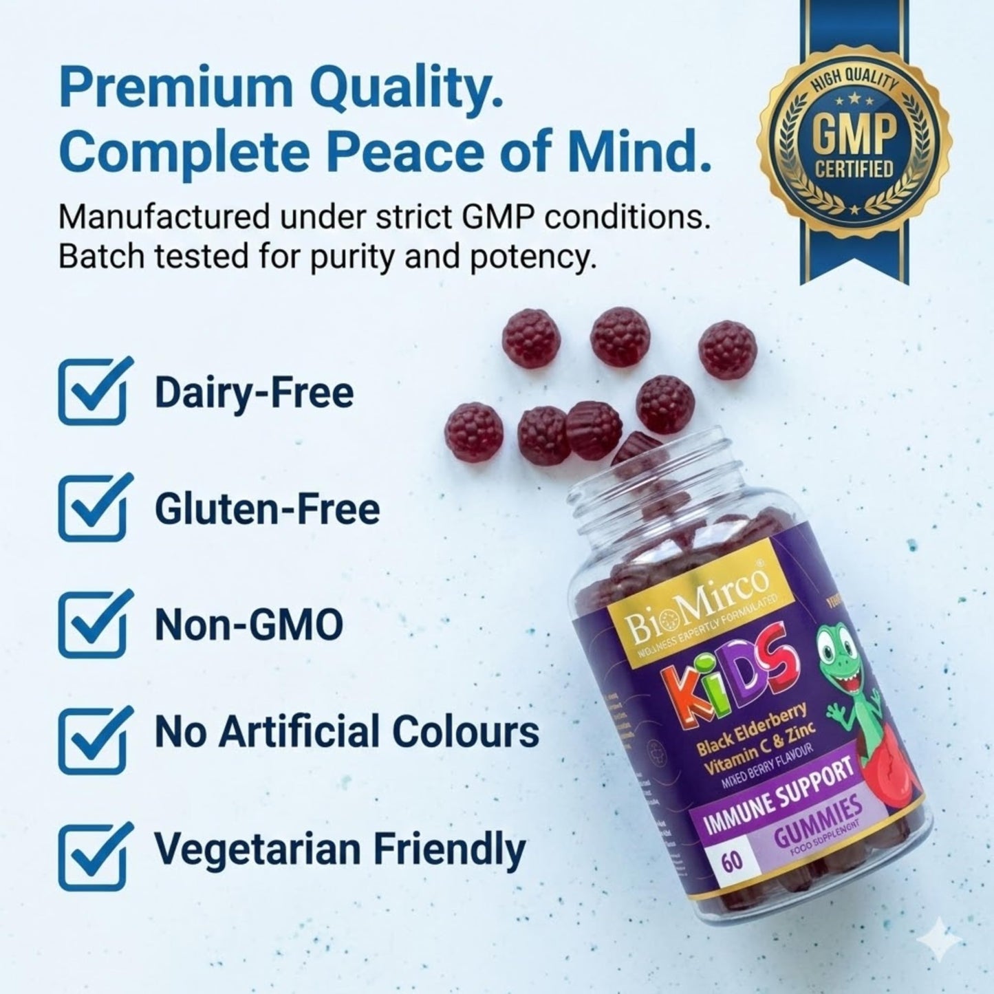 Bio Mirco BioMirco Kids Immune Support Vitamins, Zinc for Kids, Immune System Booster, Triple Immunity Gummies, Delicious Taste Children's Gummy with Vitamin C, Zinc and Natural Elderberry, Daily Immunity