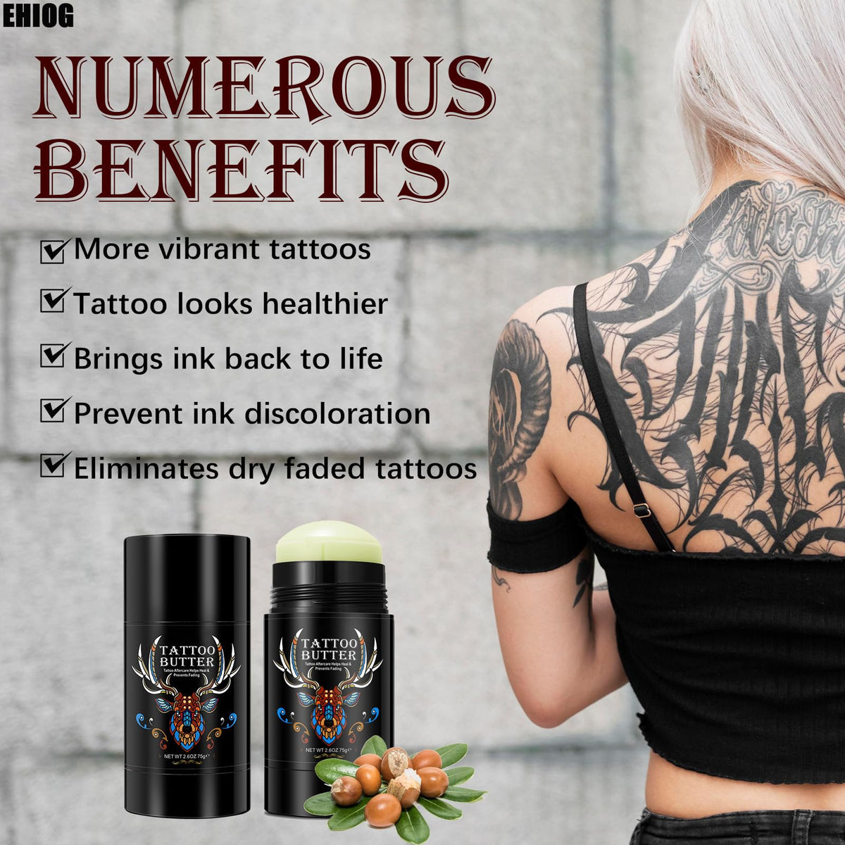 EHIOG Tattoo Balm & Aftercare Cream 75g (2.6oz) – Natural Tattoo Healing Ointment for New & Old Tattoos, Color Enhancement & Moisturizing Lotion