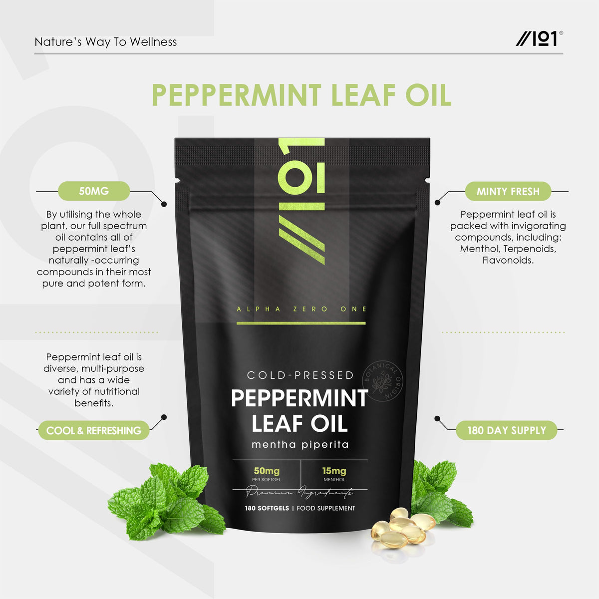 ALPHA01 Cold-Pressed Peppermint Oil 50mg - 15mg Menthol – 180 Softgels - Fast Absorbing & Easy to Digest - Natural Peppermint Oil Digestive Supplement (6 Months Supply) by Alpha01