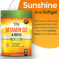 VitaPremium Vitamin D 4,000 IU Gel Capsules, High Strength Vitamin D3 Supplement, 365 Easy to Swallow Tablets - Full Year Supply