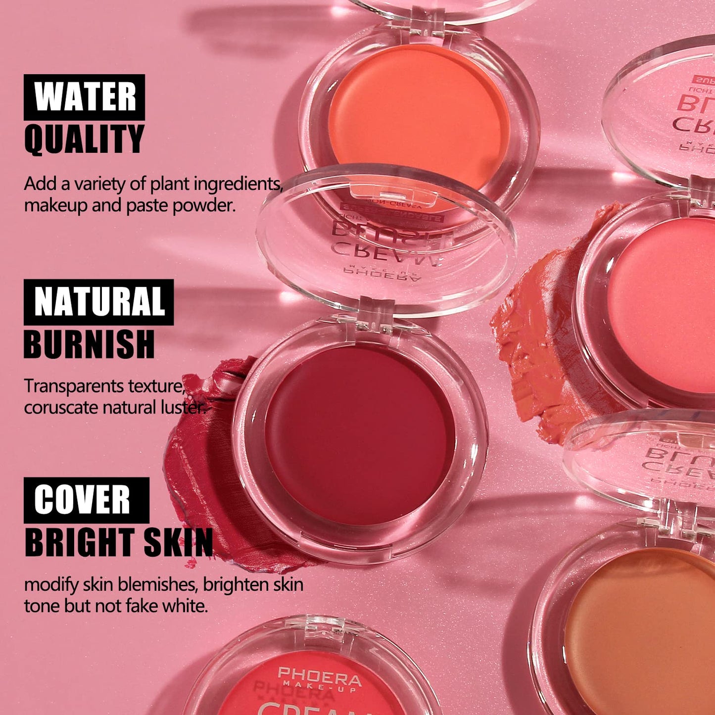 PHOERA Face Cheek Blush Cream Anglicolor Perfect Makeup Cream Blush Cheekcolor, Long-Wear, Matte, Bold, Lightweight, Blends Easily, Contours Cheeks (101#Freesia)