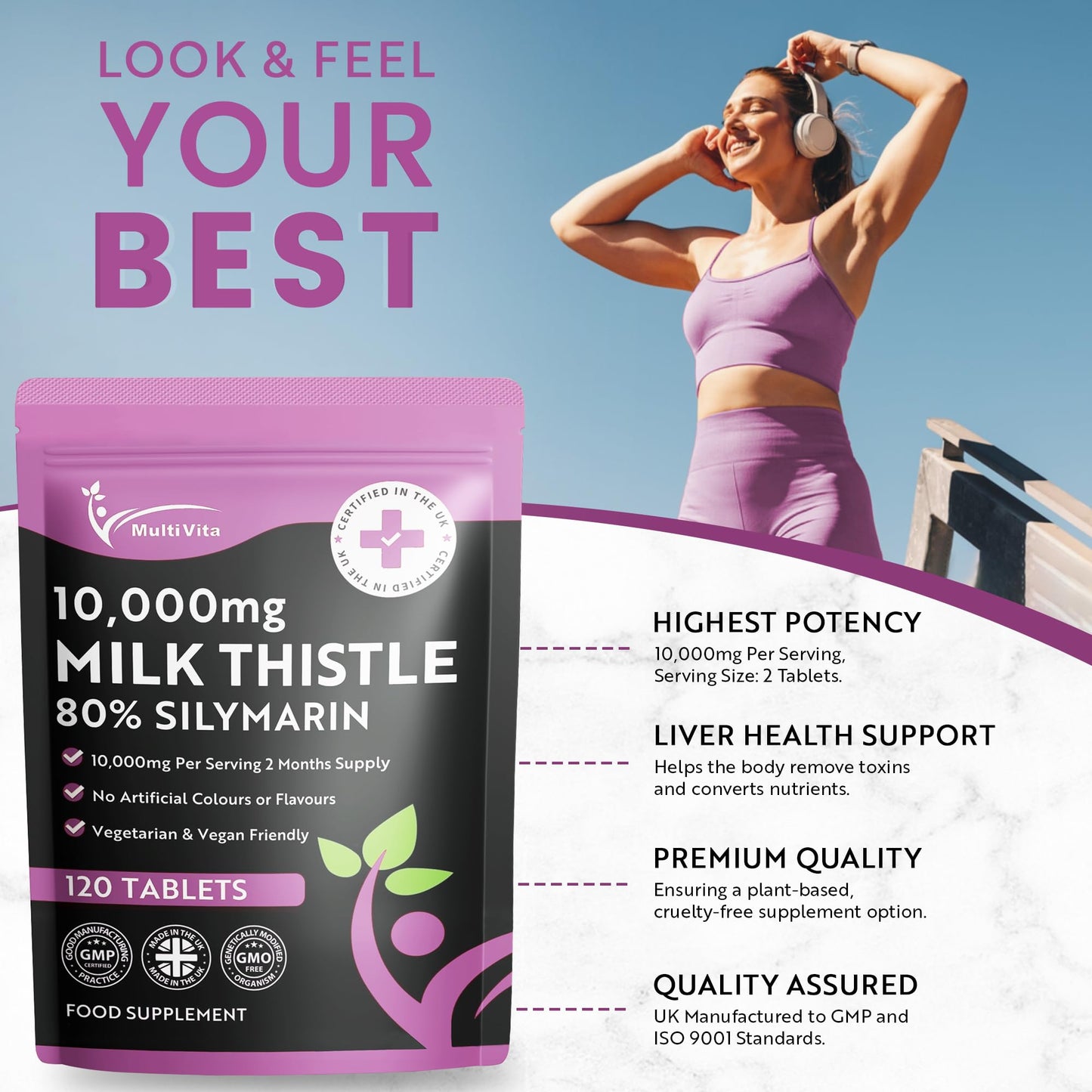 Multivita Milk Thistle Tablets 80% Silymarin High Strength 10,000mg Per Serving 2 Months Supply, 120 Vegan Tablets - Milk Thistle Capsules Alternative - Premium Supplement Made in UK