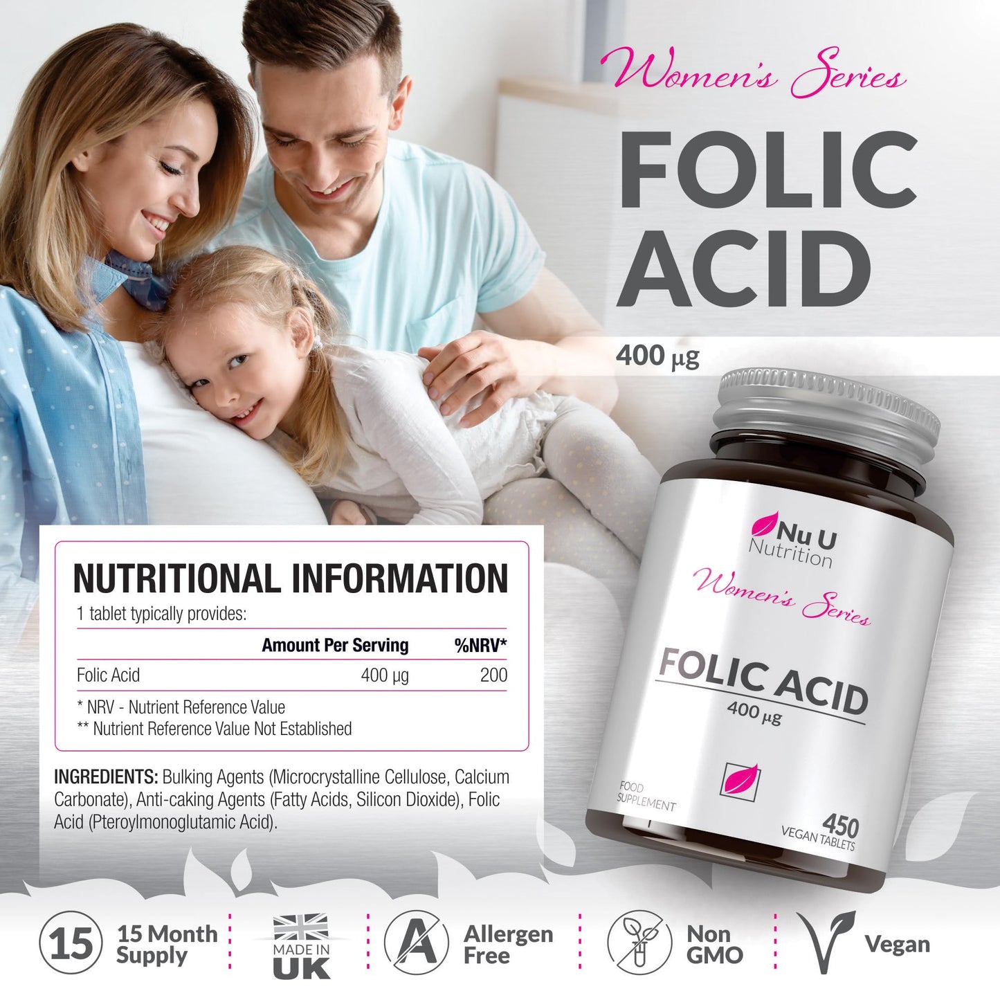 Folic Acid 400 mcg - 450 Vegan Tablets - 15 Month Supply - High Strength Pregnancy Vitamins for Women - Vitamin B9 Supports Maternal Tissue Growth During Pregnancy - Prenatal Vitamins