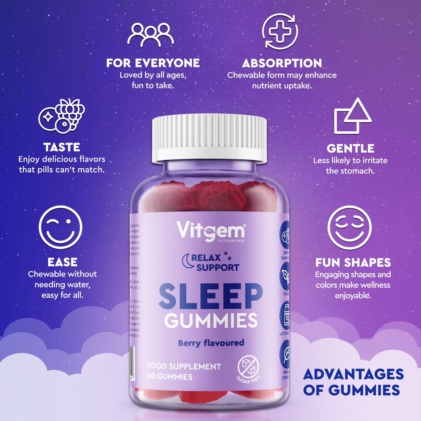 Vitgem Sleeping 60 Gummies for Adults UK - Natural Night Time Support with Magnesium, Ashwagandha & L-Theanine - Non-Drowsy Herbal Sleep Support - Vegan, Sugar Free Berry Flavour (2 Month Supply)
