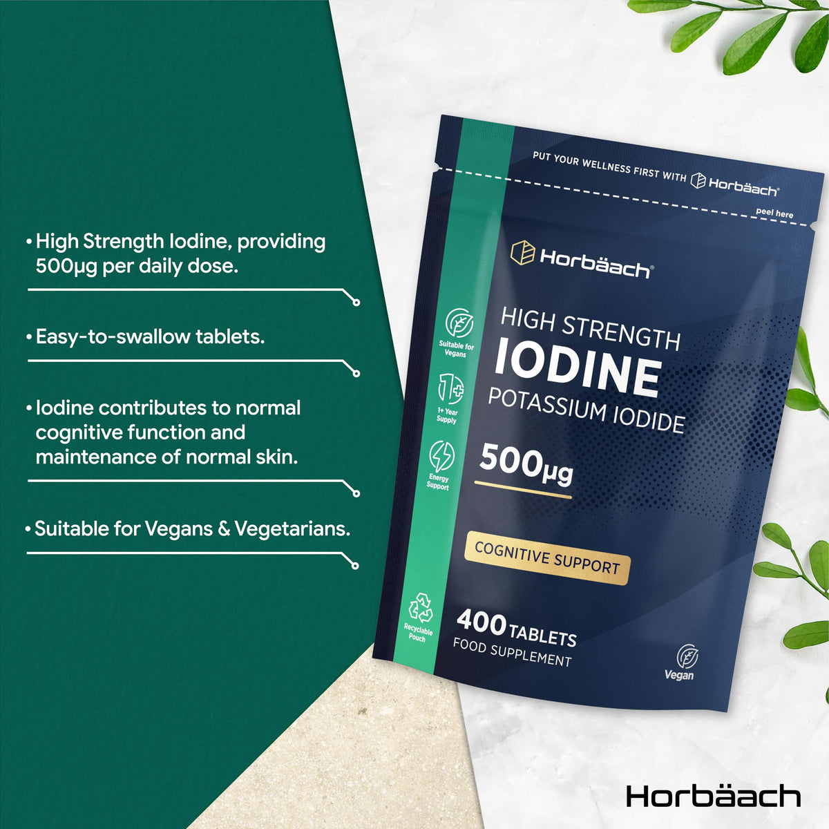Horbäach Iodine Supplement 500mcg | 400 Vegan Tablets (1+ Year Supply) | High Strength Potassium Iodide | by Horbaach