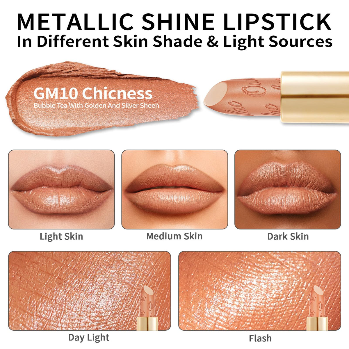 Oulac OULAC Glow Metallic Shine Lipstick, Nude High Impact Lipcolor, Lightweight Soft and Ultra Hydrating, Long Lasting, Vegan & Cruelty-Free, Full Coverage Lip Color 4.3 g/0.15 GM10 Chicness