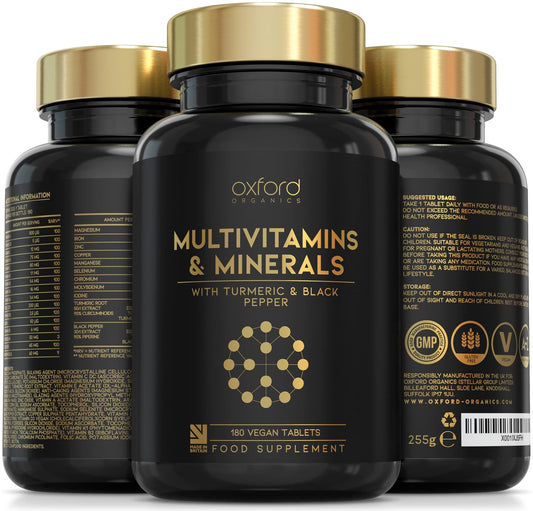 A-Z Multivitamins and Minerals boosted with Turmeric - 180 Vegan Multivitamin Tablets for Women & Men - One a day - 27 Key Nutrients - 100% NRV Multivitamin with Iron, Zinc, Vitamins B, C, D - UK Made