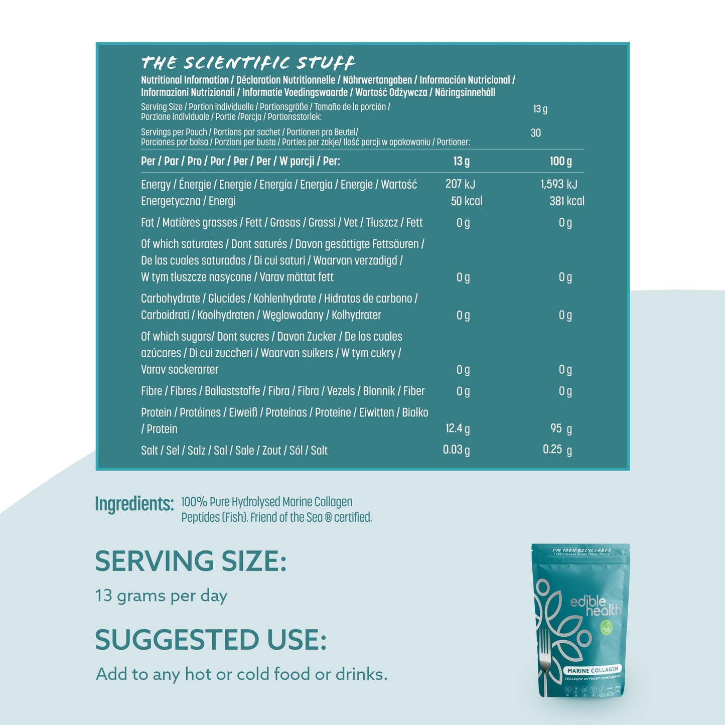 High Protein Marine Collagen Powder, Collagen Supplements Regeneration, Quality Collagen Powder Supplement, Collagen Peptides for Diet & Everyday, Carb Free Marine Collagen, 400g Pouch, 30 Day Supply