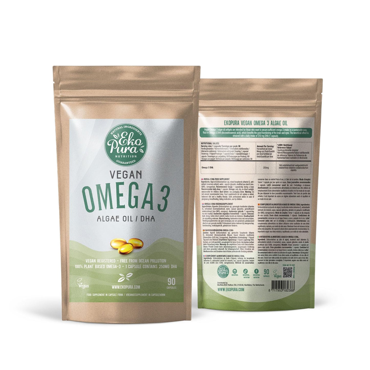Ekopura Vegan Omega 3 Algae Oil 90 Capsules (250mg) | 250mg DHA Per Capsule | Support Brain & Eye | GMO-Free | Plant-Based Alternative to Fish Oils | 3 Months Supply (1 Capsule per Day)
