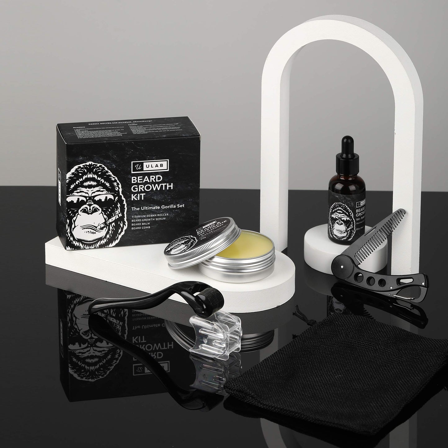 uLab Ultimate Gorilla Beard Growth Kit with Derma Roller, Beard Oil, Beard Balm and Foldable Styling Comb - Gift Set for Men For Beard Growth, Styling and Care - Contains Microneedle Titanium Roller