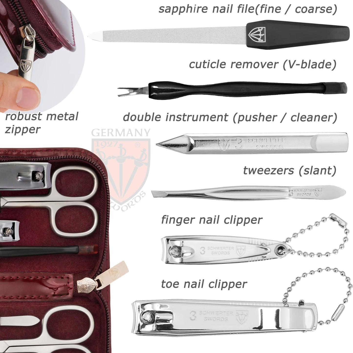 3 Swords Germany - brand quality 8 piece manicure pedicure grooming kit set burgundy synthetic leather case in gift box, Made by 3 Swords