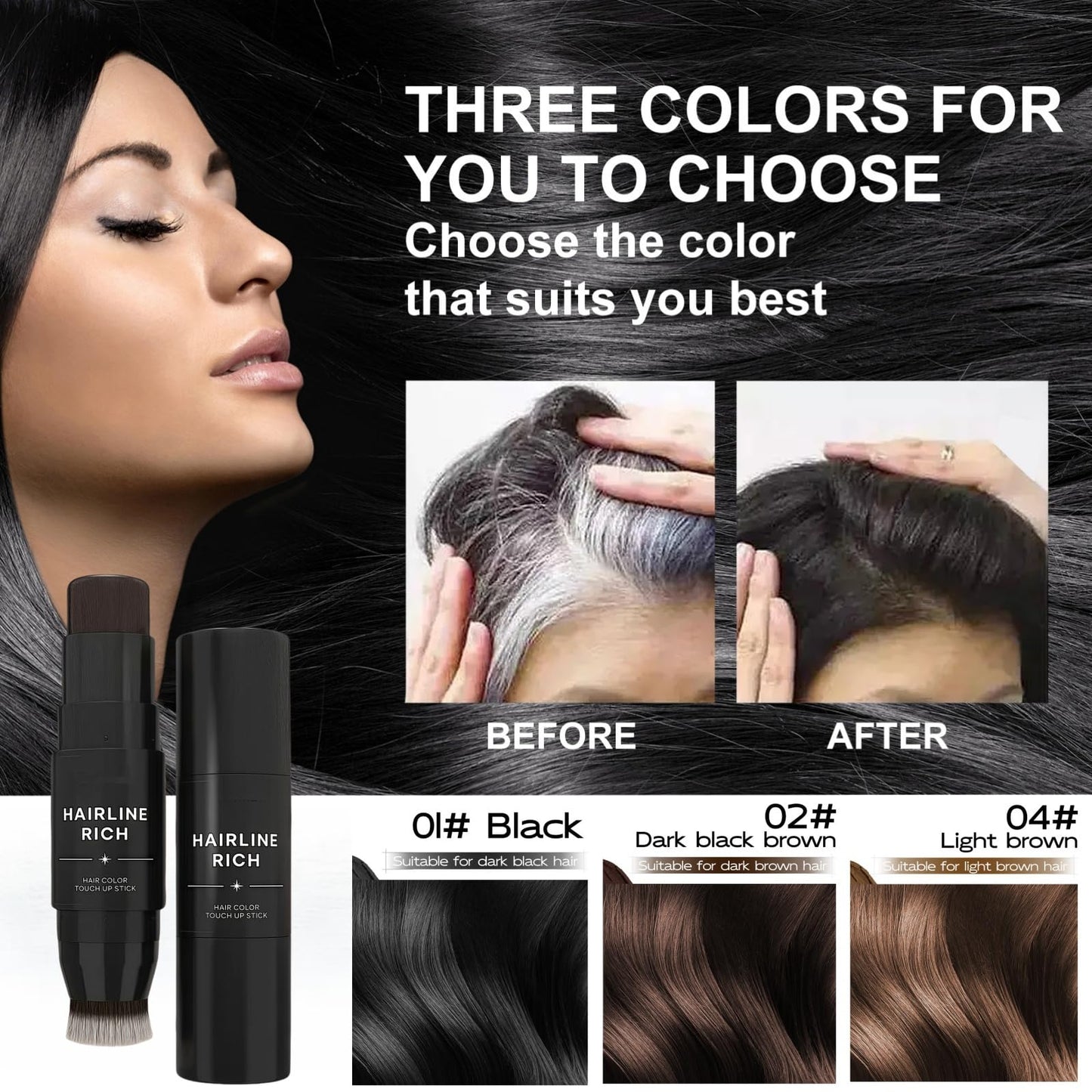 Ruojiar Double Ended Hair Color Stick,Root Cover Up Stick,Hairline Powder Sti/ck,Hair Shadow Powder,Instant Hair Loss Concealer for Thinning Ha/ir,Portable Design for Hairline & Beard,Water Resistant(Black)