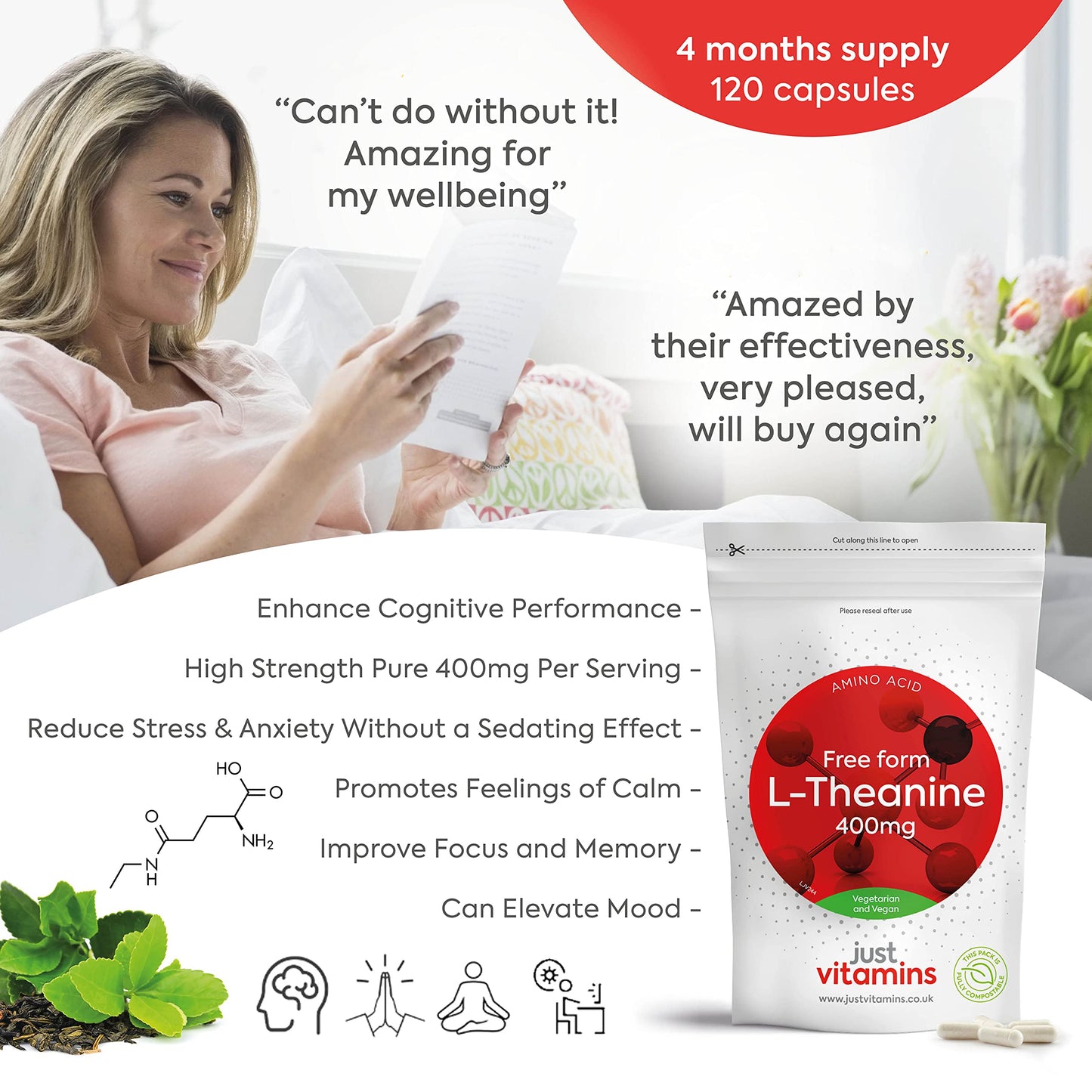 L-Theanine 400mg - x120 High Strength Vegan Capsules (4 Month Supply) GABA Alternative, Brain Power Nootropic L Theanine Supplement - Non GMO, Caffeine Free, Made in UK by Just Vitamins