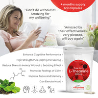 L-Theanine 400mg - x120 High Strength Vegan Capsules (4 Month Supply) GABA Alternative, Brain Power Nootropic L Theanine Supplement - Non GMO, Caffeine Free, Made in UK by Just Vitamins