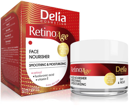 Delia Cosmetics - Retinoage - Face Cream – Retinol, Q10, Shea Butter, Macadamia Oil, Aloe Vera Gel, Vitamin E – Firming, Nourishing, Anti Aging, Day & Night Cream - 50ml