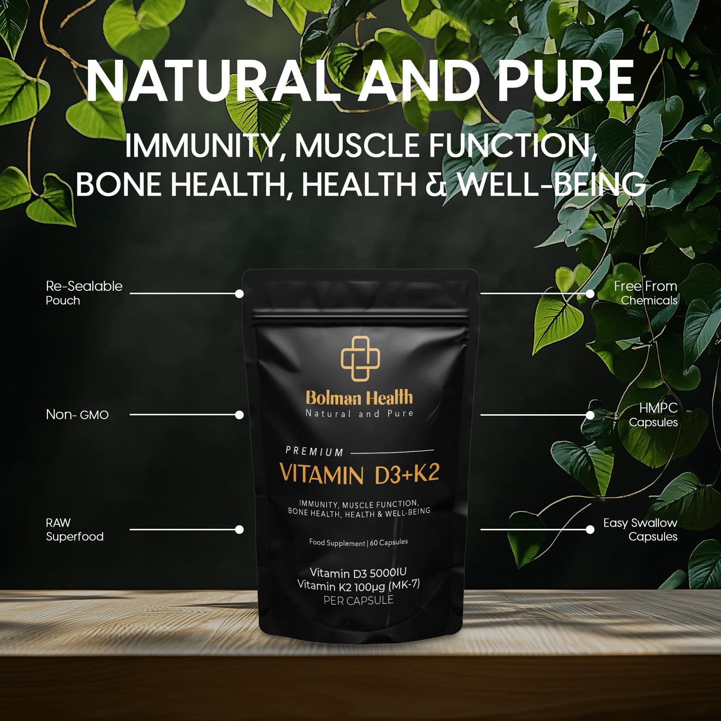 Bolman Health Vitamin D3 + K2 Capsules | Vegeterian Capsules | 5000IU & 100μg (MK-7) | 60 High Strength HMPC Vegan Capsules | 1-A-Day | Vegetarian and UK Manufacture - Supports Immune Sytem & Bone Health