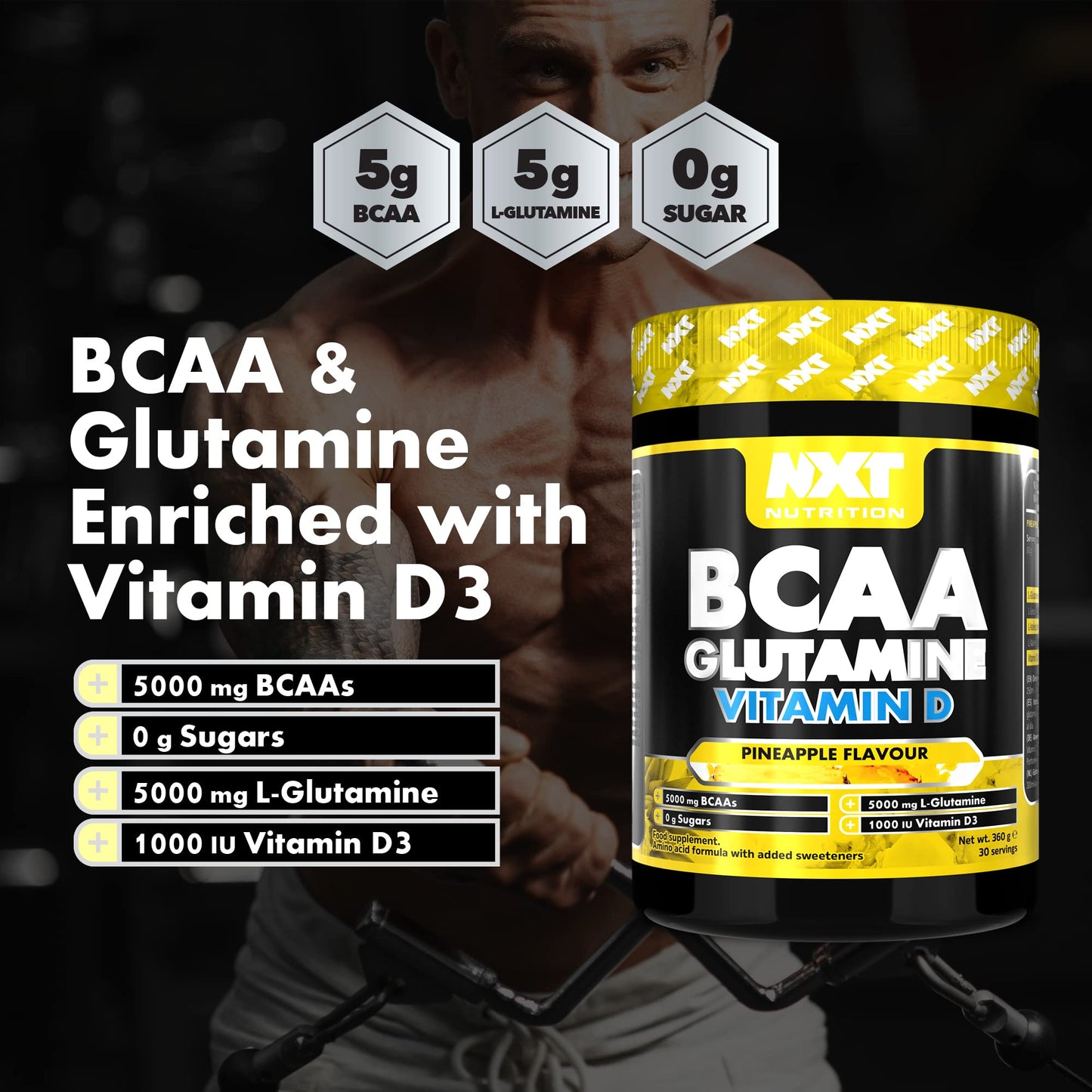 NXT Nutrition BCAA, Glutamine & Vitamin D | BCAAs Amino Acids with Vitamin D3 and L-Glutamine - for Recovery, Gut Health and Muscle Protein Synthesis | 360g - 30 Servings (Pineapple)