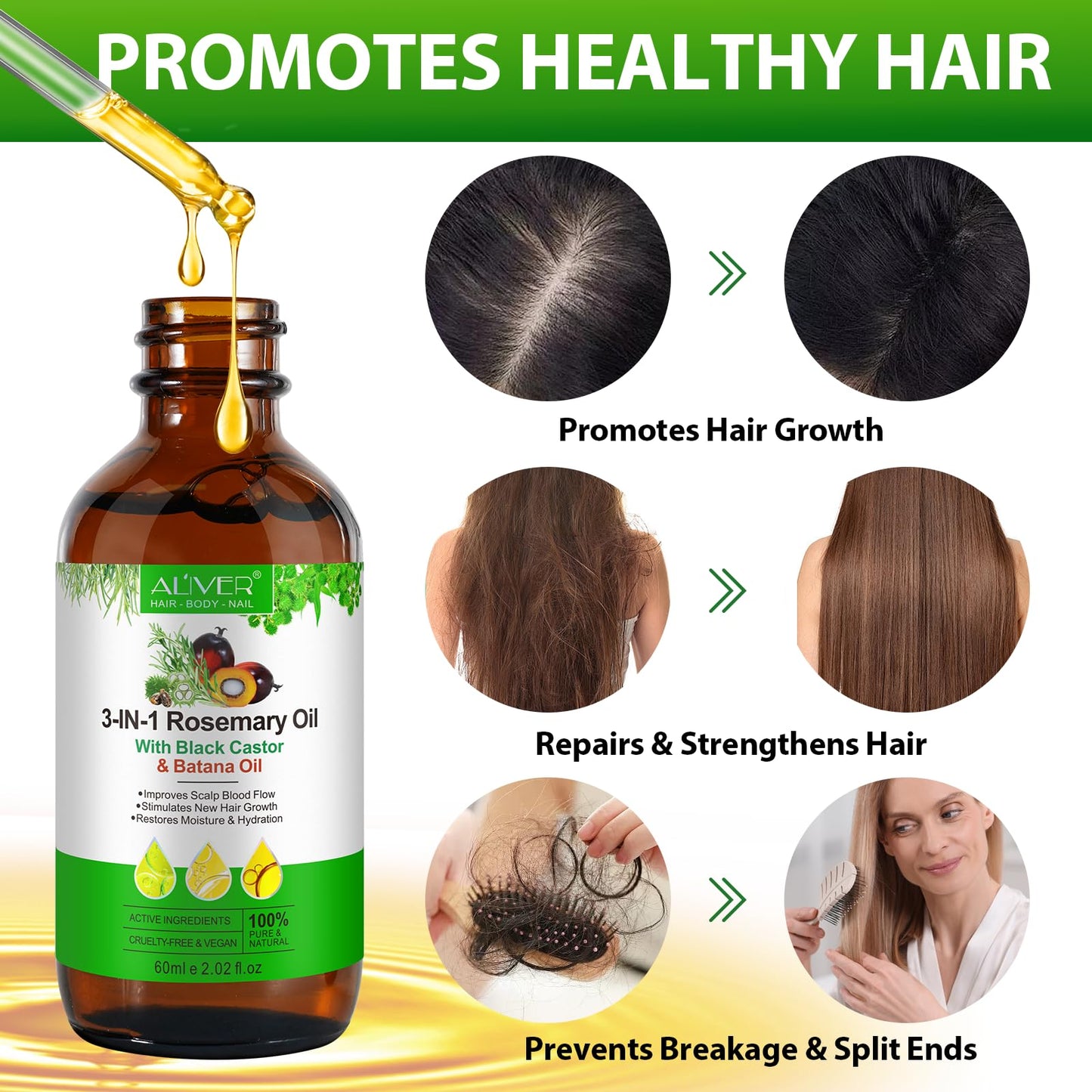 Bibonse 3 in 1 Rosemary Oil for Hair Growth, 100% Natural Hair Growth Oil with Rosemary, Jamaican Black Castor and Batana Oil, Promotes Hair Regrowth, Nourishes Scalp, Hair Loss Treatment, 2.02 fl.Oz