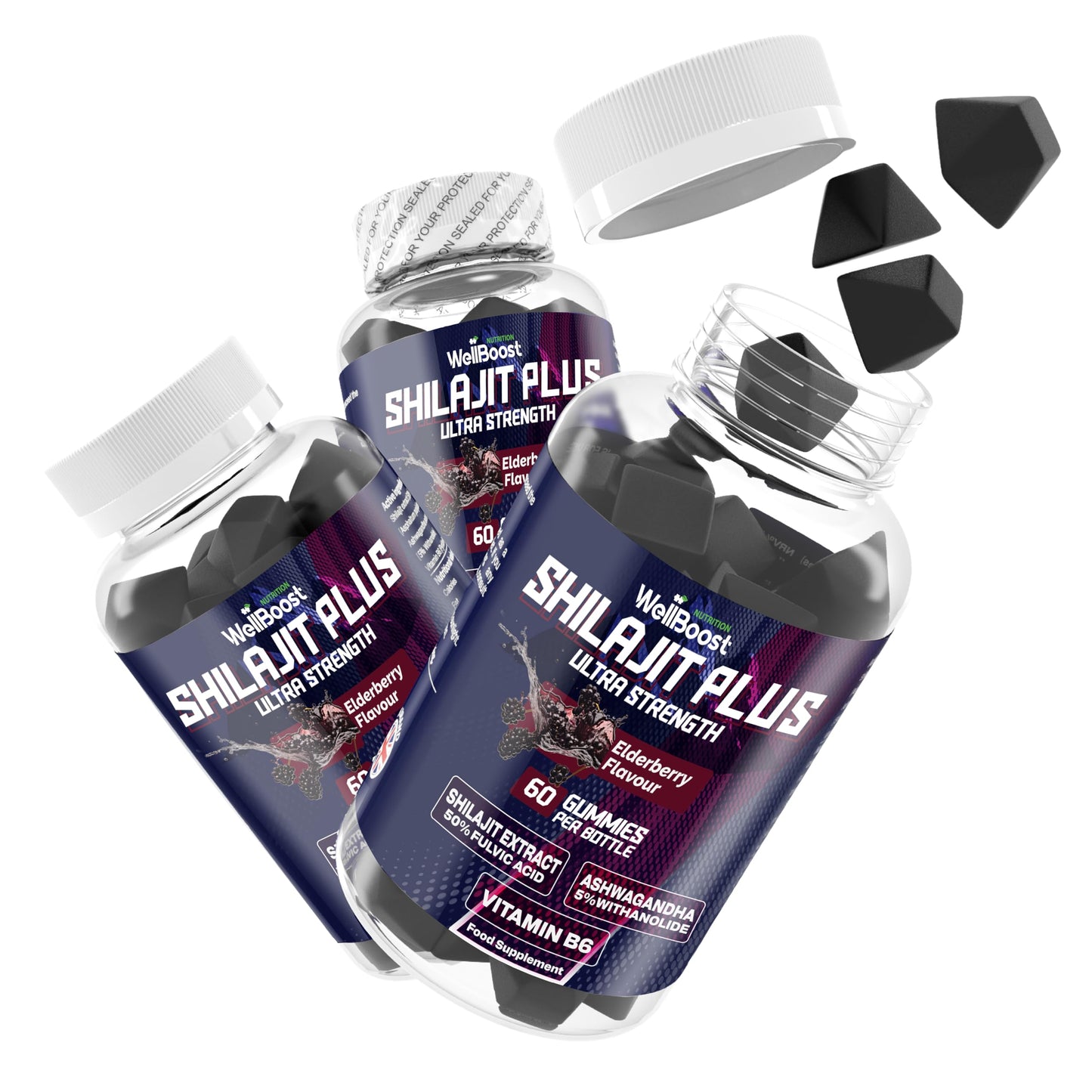 Shilajit Plus Gummies, 200mg Shilajit Extract, 40mg Ashwagandha and 2mg Vitamin B6. Vegan with Elderberry Flavour