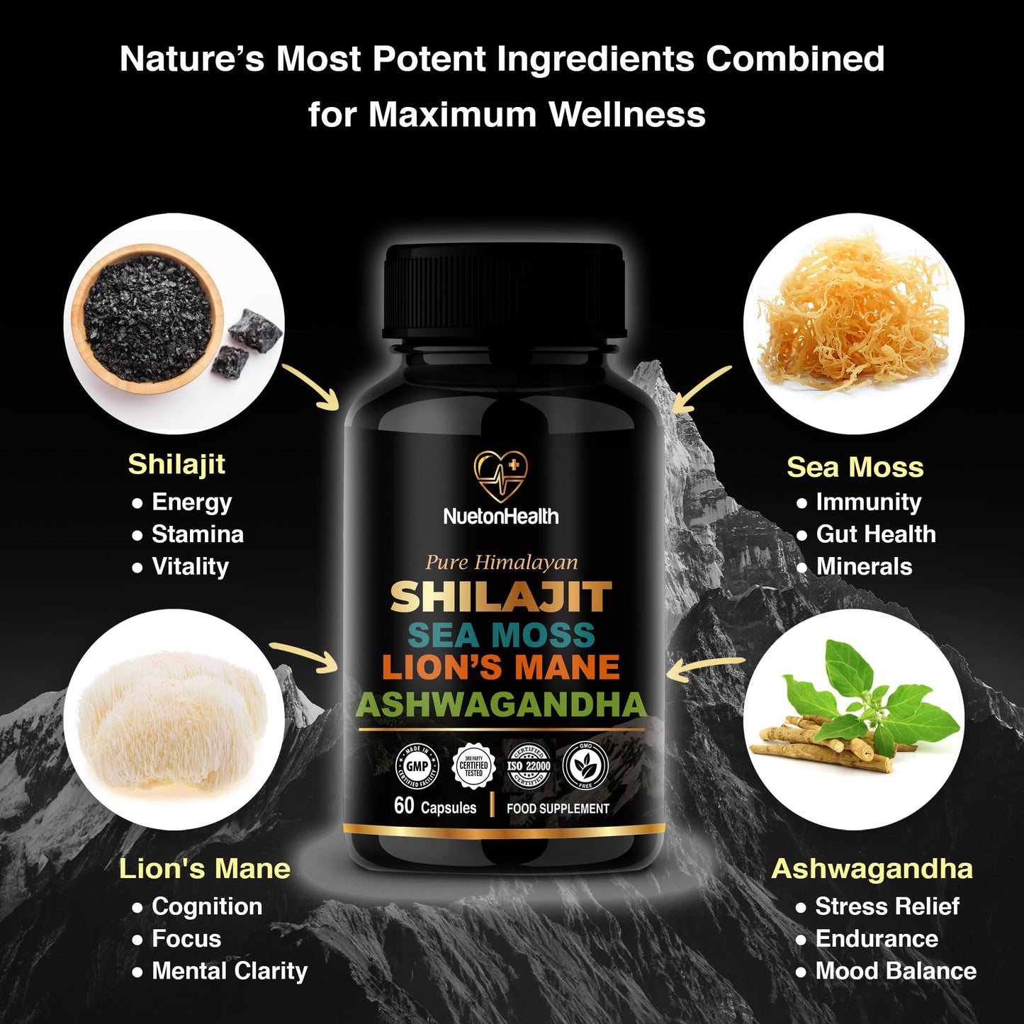 NUETONHEALTH Shilajit, Sea Moss, Lion's Mane, and Ashwagandha Capsules - Comprehensive All-in-One Wellness Supplement for Mind, Body, and Vitality - 60 Vegan Capsules by NuetonHealth UK