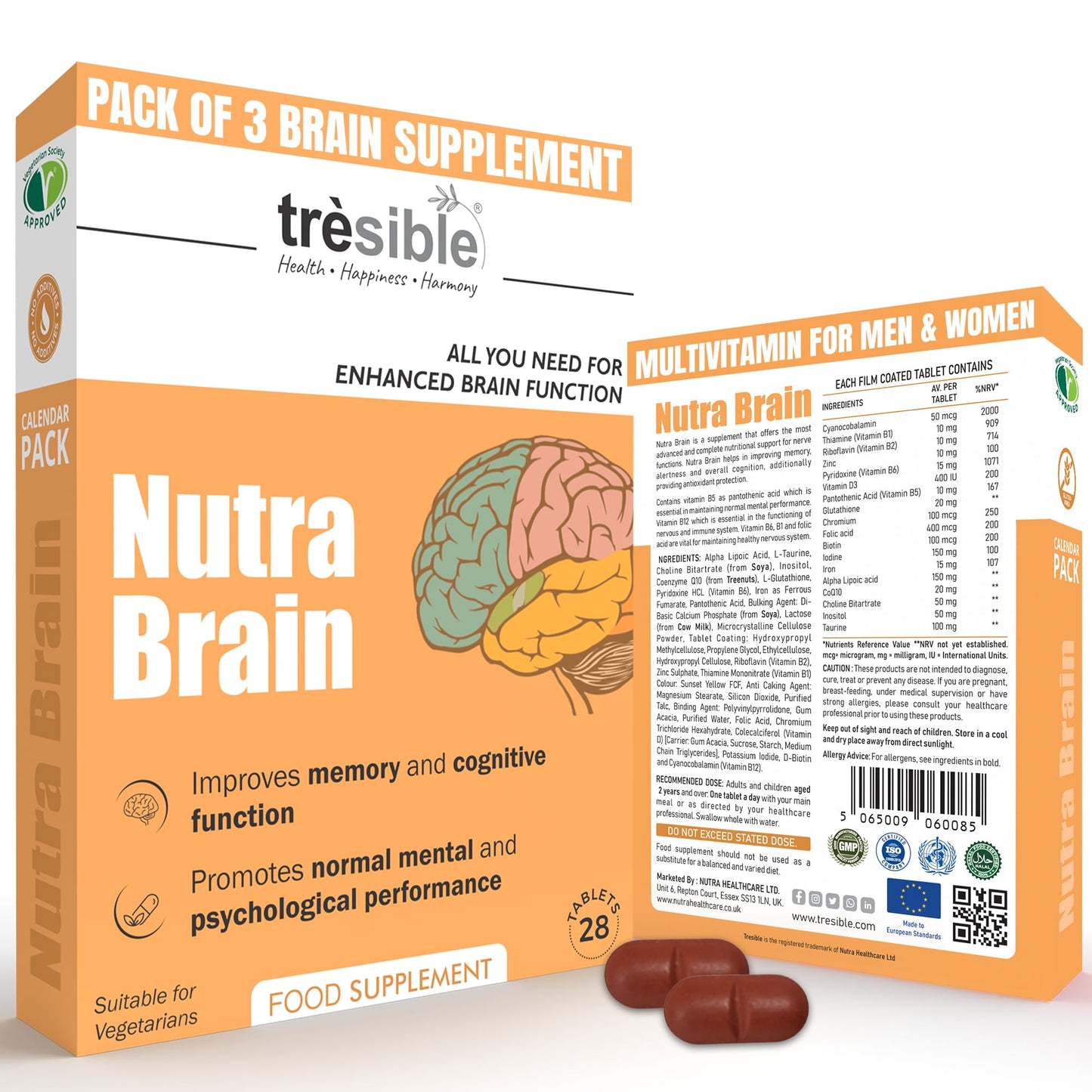 Tresible Trèsible Nutra Brain (Pack of 3) Memory Supplement for Brain Tablets - Mens Multivitamin for all adults Iron, & Iodine for Brain Health, Immune System, & Joint Health, Brain Supplement, 12-Week Supply