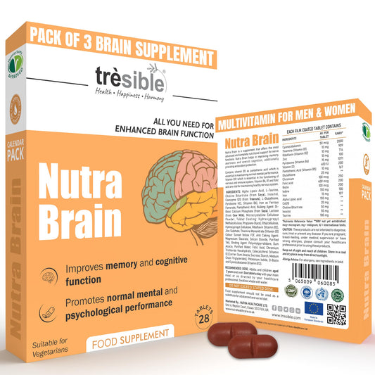 Tresible Trèsible Nutra Brain (Pack of 3) Memory Supplement for Brain Tablets - Mens Multivitamin for all adults Iron, & Iodine for Brain Health, Immune System, & Joint Health, Brain Supplement, 12-Week Supply