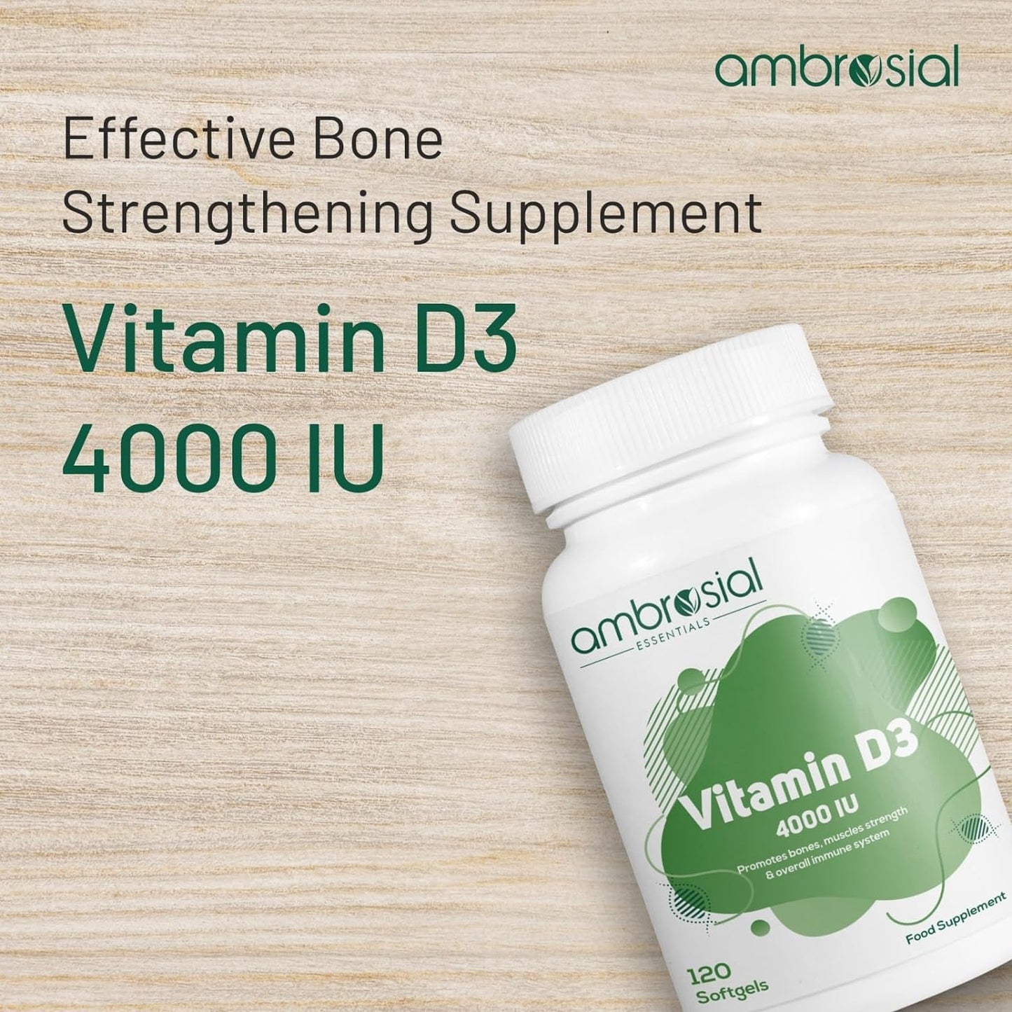 AMBROSIAL Ambrosial Vitamin D3 4000 IU (100 mcg) Softgel - High Strength Vitamin D Supplement | Gluten Free | Supports Immune System, Healthy Bones & Teeth | Vitamin D 4000iu | Pack of 1-120 Softgels