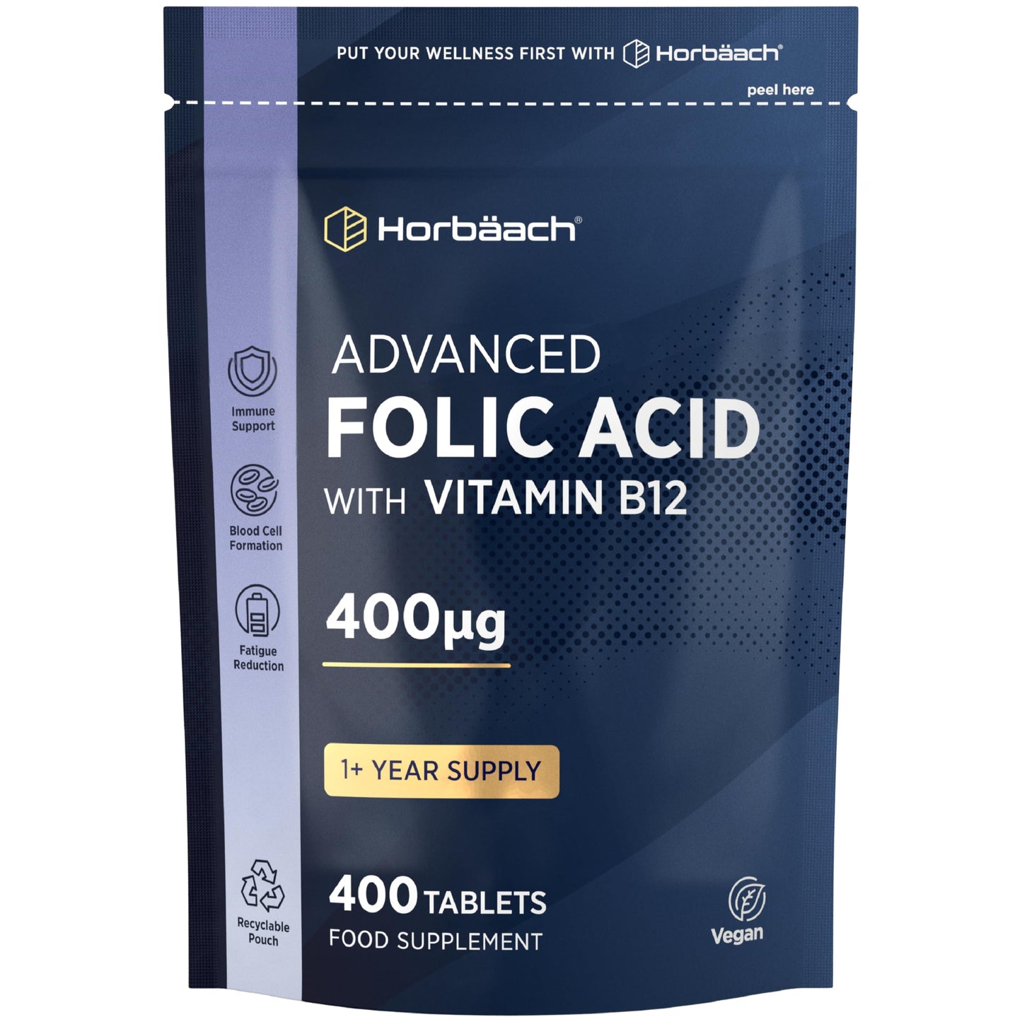 Horbäach Folic Acid Tablets 400mcg | 400 Count (1+ Year Supply) | with Added 5mcg of Vitamin B12 Cyanocobalamin | Pregnancy Support | Suitable for Vegans | By Horbaach