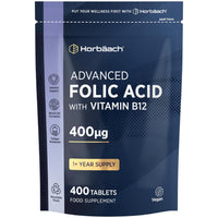 Horbäach Folic Acid Tablets 400mcg | 400 Count (1+ Year Supply) | with Added 5mcg of Vitamin B12 Cyanocobalamin | Pregnancy Support | Suitable for Vegans | By Horbaach