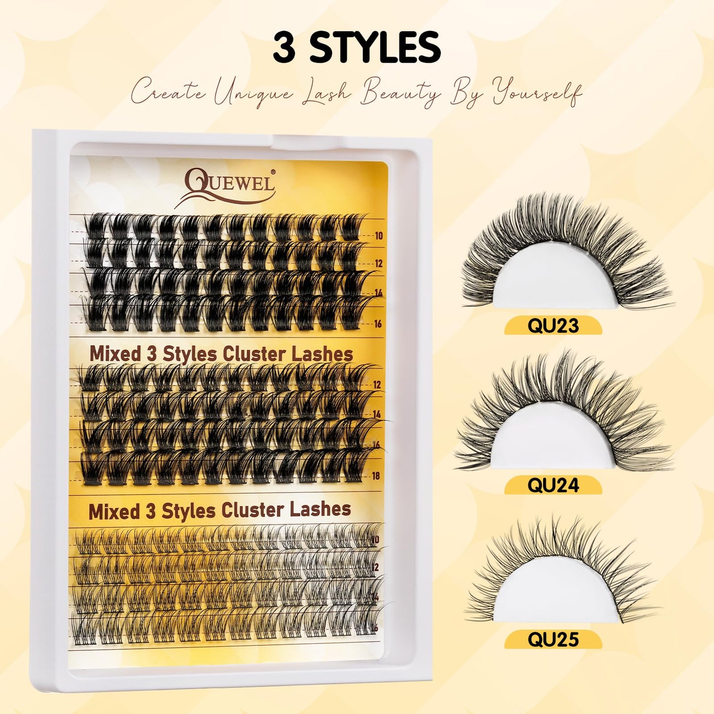 QUEWEL Lash-Cluster Kit 144Pcs D Curl Mixed 3 Styles Eyelashes-Individual Natural Look, Super Thin Band Cluster Lashes Kit for Beginner Easy to Apply at Home（Collection-style B-kit）