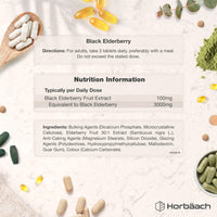 Horbäach Elderberry Supplement 3000mg | Black Sambucus Nigra Tablets | High Strength Extract | 180 Vegan Tablets | by Horbaach