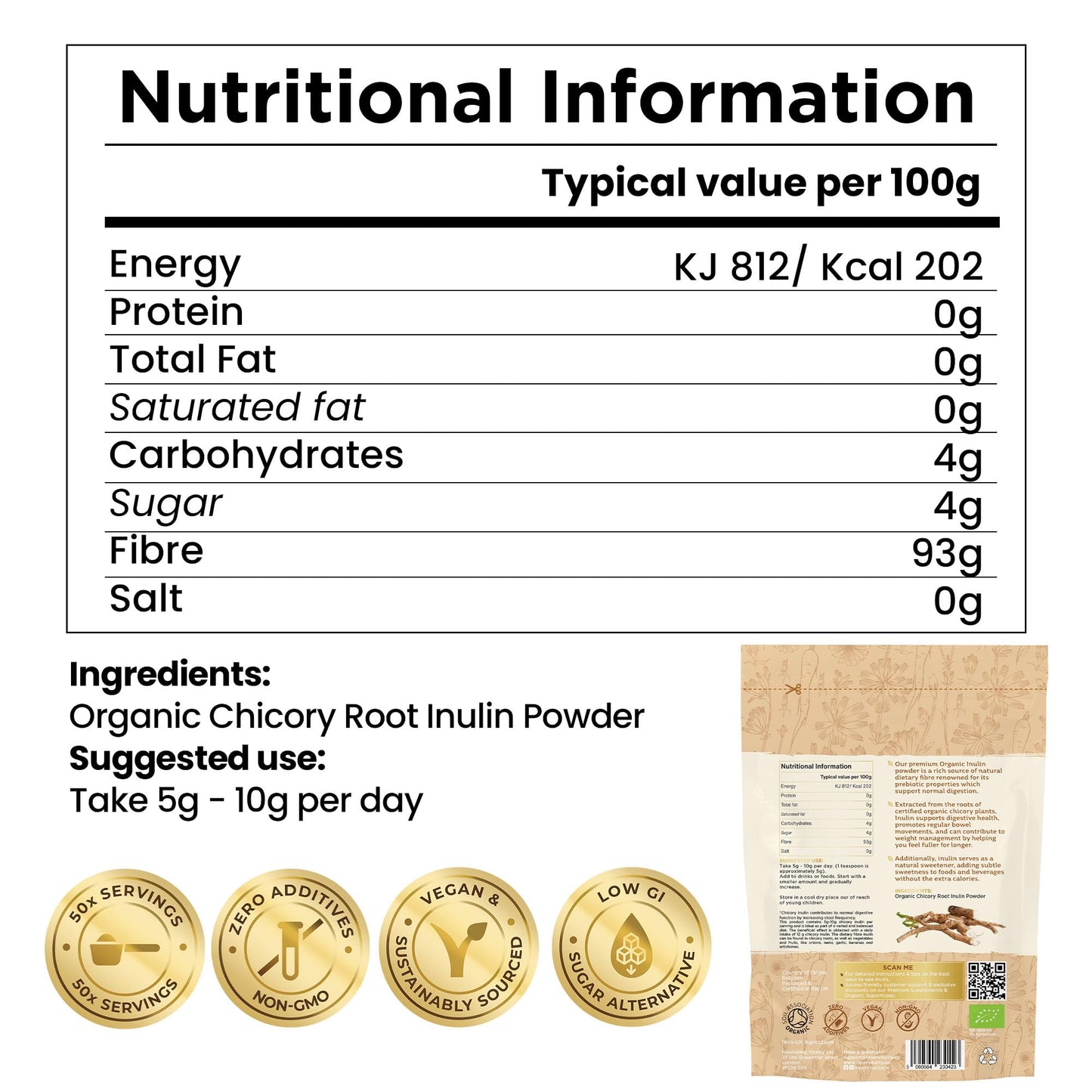 Organic Inulin Powder - 250g Prebiotic Fibre for Gut Health, Natural High Strength Fibre Supplement by Inner Vitality