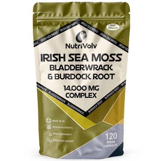 NutriVolv Irish Sea Moss, Bladderwrack & Burdock Root Complex 14,000mg | 120 High Strength Capsules Providing 120 Day Supply | North Atlantic Irish Sea Moss Supplement | No Fillers or Binders | Vegan & UK Made