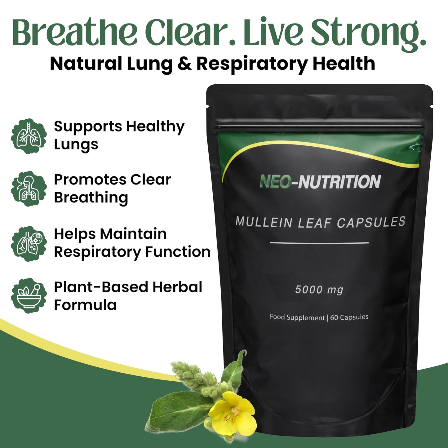 NEO-NUTRITION Mullein Leaf Extract for Lungs | High Strength 5000mg Mullein 10:1 Extract, Lung Support & Respiratory Health | Detoxification Aid & Cleansing Support Supplement - 60 Capsules