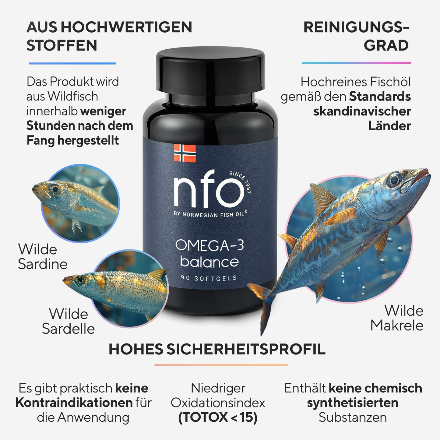 NFO Omega 3 Balance [90 Capsules] High Dose Fish Oil with High DHA Concentration in the Form of Triglycerides with Vitamin E Natural Complex of Freshly Caught Wild Fish Made in Finland