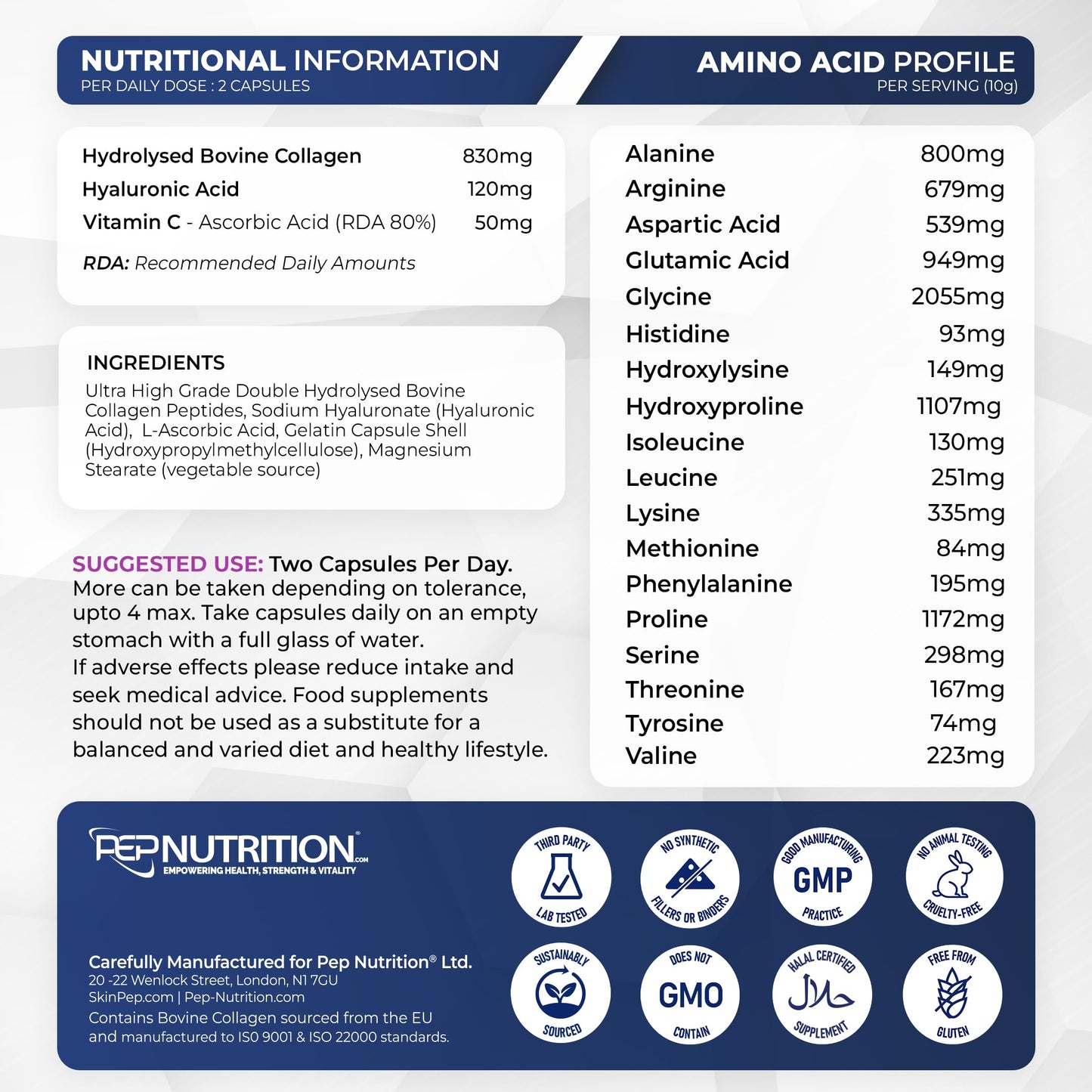 Bio-Active 100% Pure Bovine - SkinPep Hydrolysed Collagen Peptides 1080mg -120 Capsules | Vitamin C & Hyaluronic Acid | Grass-Fed, Halal Certified, Made in UK | Type I & III Skin, Hair & Joint Support
