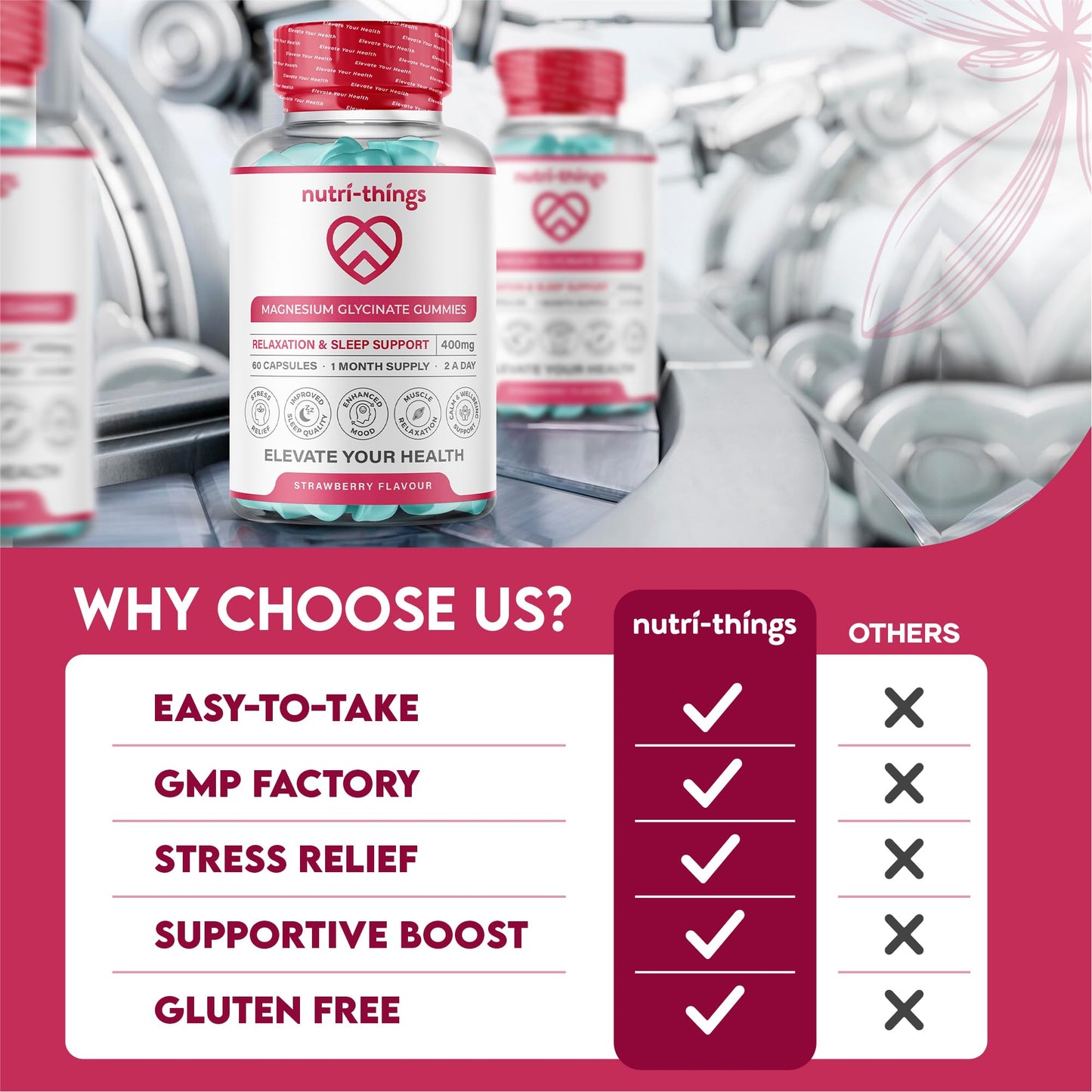 Nutri-things Magnesium Glycinate Gummies Adult - Mixed Berry Flavor, 400mg High Absorption Magnesium Chewable for Stress Relief, Sleep & Muscle Relaxation - Non-GMO, Gluten-Free - 60 Count, 30-Day Supply