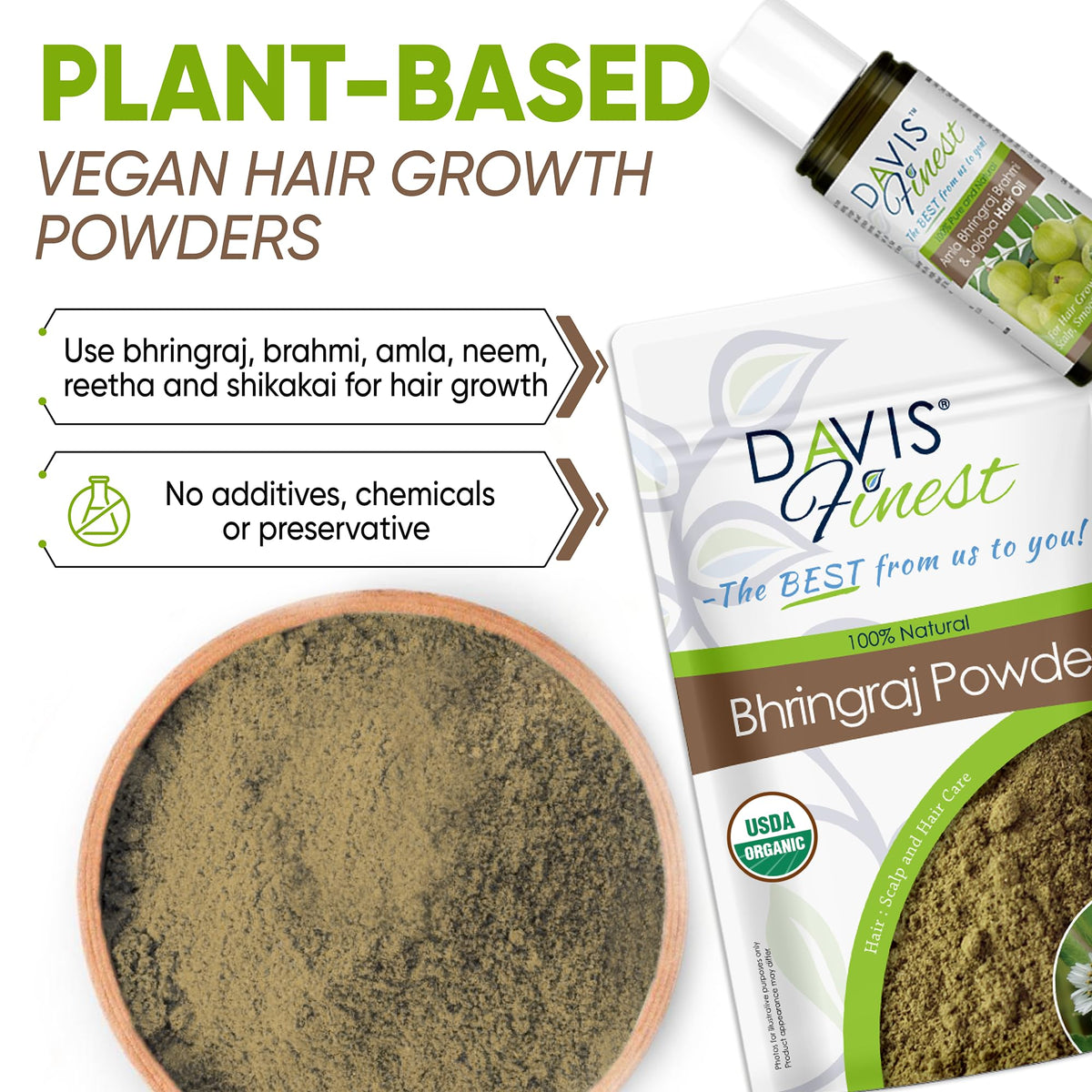 Davis Finest Organic Bhringraj Powder 100g, Healthy Scalp, Hair Growth, Pure & Natural Essential Ayurvedic Hair Mask for Hair Loss, Hair Fall, Split Ends, Damaged Thinning Hair
