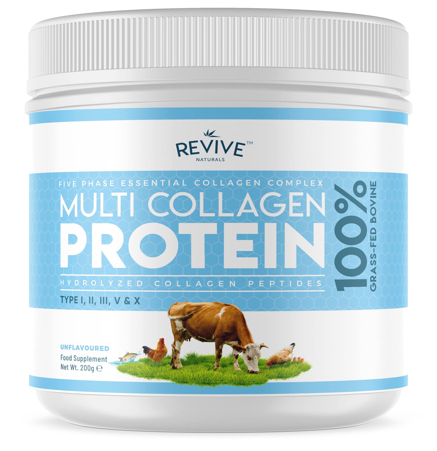 Revive Naturals Multi Collagen Protein Powder (200g) - Types I, II, III, V & X - Hydrolyzed Grass Fed Bovine, Wild Caught Fish, & Free-Range Chicken & Eggshell Collagen (10 Day Supply)