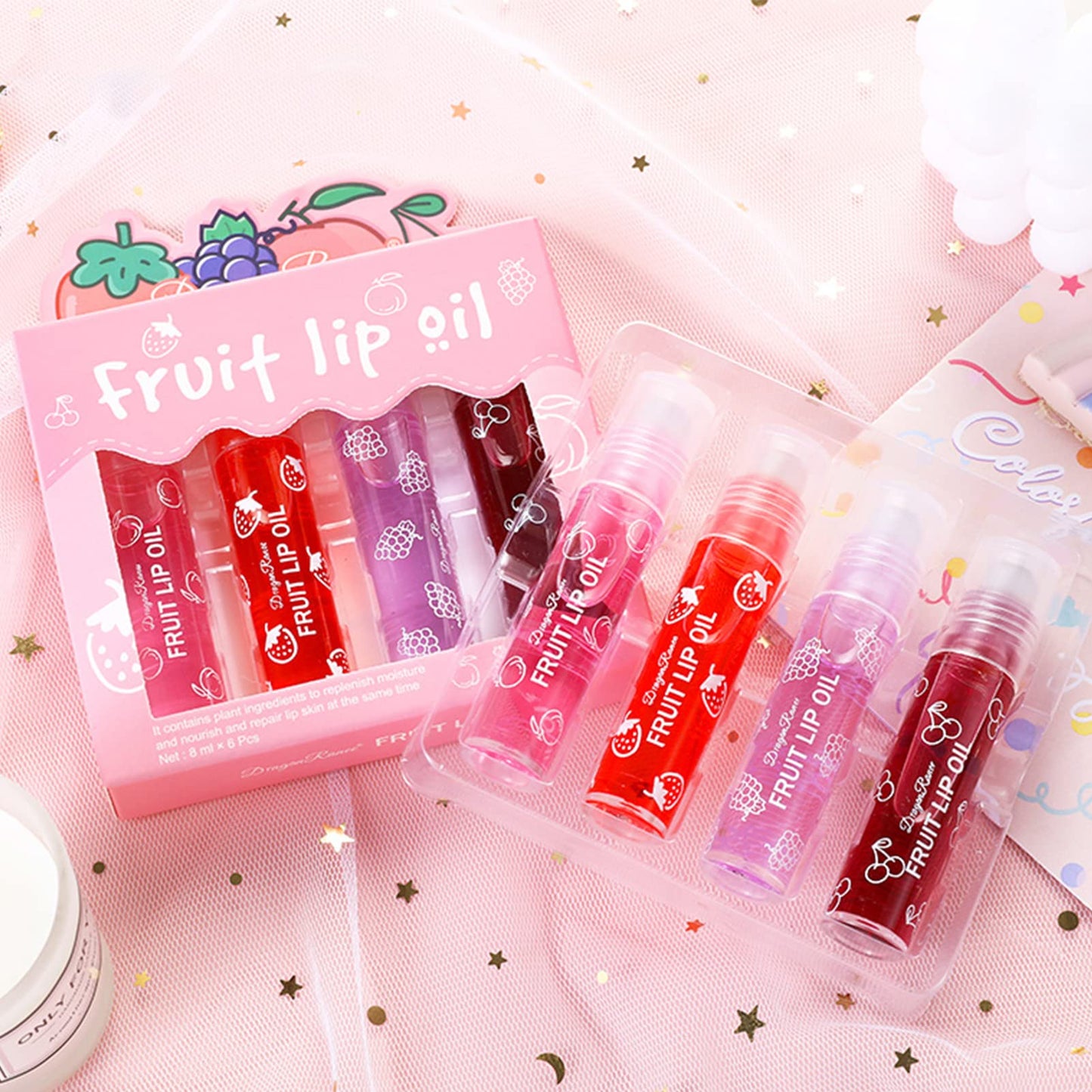 KTouler 4 Pcs Fruit Lip Oil Set Lip Gloss Crystal Jelly Liquid Lipstick, Set Moisturizing Hydrating Non-Stick cup Long Lasting Lip Kit for Women and Girls (Lip Oil, 4Pcs)
