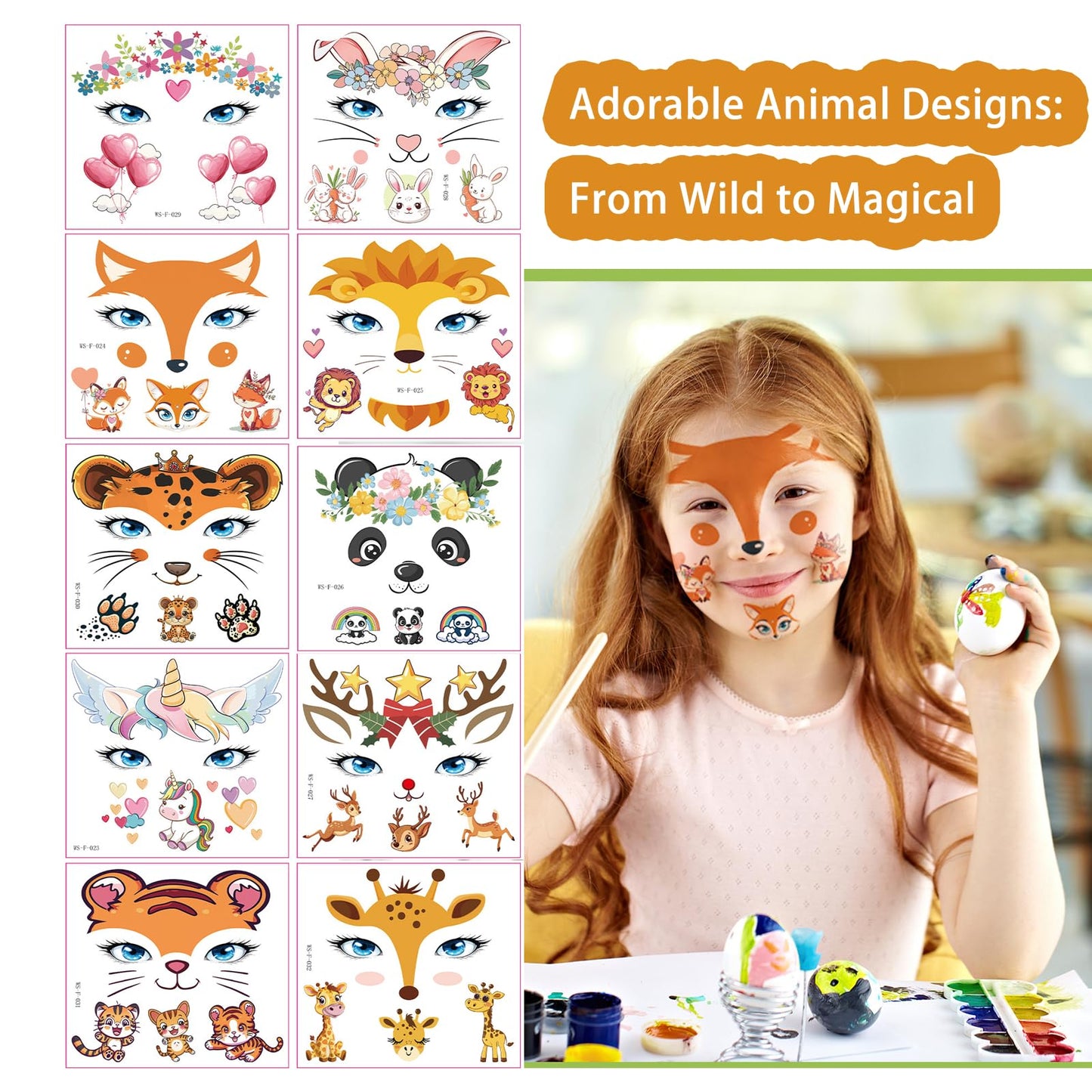 AmiCera Kids Tattoos, 10 Sheets Glitter Face Tattoos for Kids, Temporary Fake Tattoo for Party Festival Birthday, Quick Face Painting Makeup, Water Transfer, Safe & Long Lasting, Cute Animal Stickers