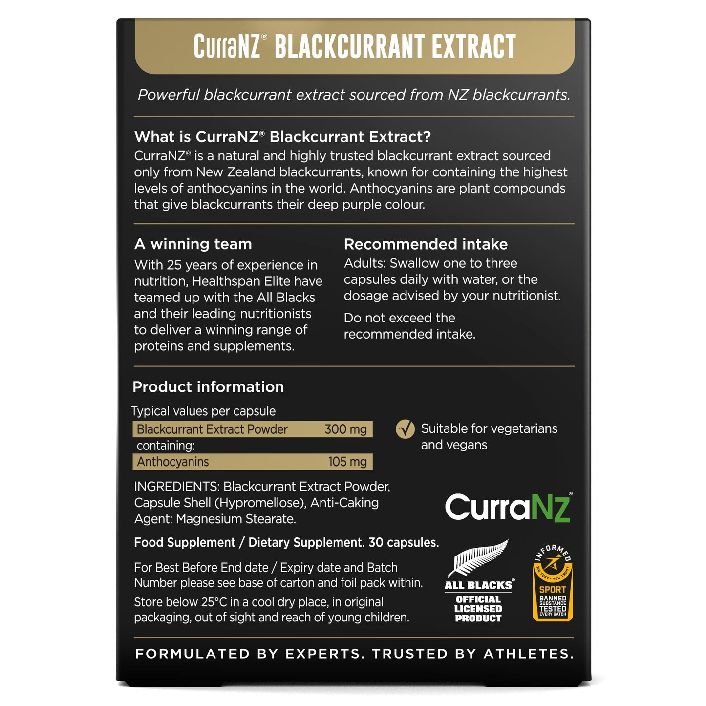 Healthspan Elite All Blacks CurraNZ Blackcurrant Extract 300mg (1 Month Supply) | Helps The Body Overcome Stress & Exertion | 300mg Natural Extract Per Capsule | 35% Anthocyanin | Vegan Friendly