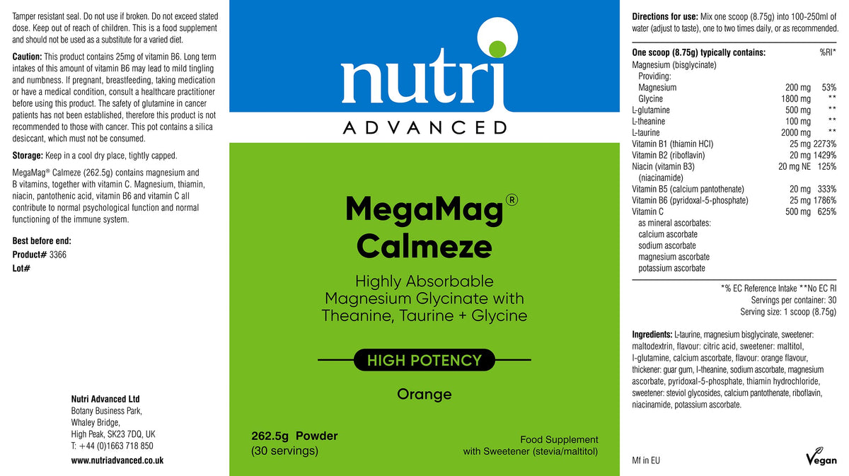 Nutri Advanced MegaMag Calmeze Magnesium Glycinate Powder - Supports The Nervous System, Helps Balance The Effects of Stress & Tiredness - Orange, 30 Servings